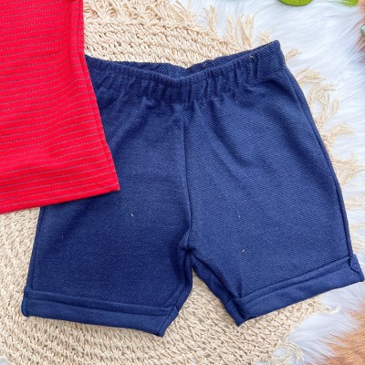 Conj. Camiseta Gola Careca Rex Listrado e Bermuda - Vermelho e Marinho